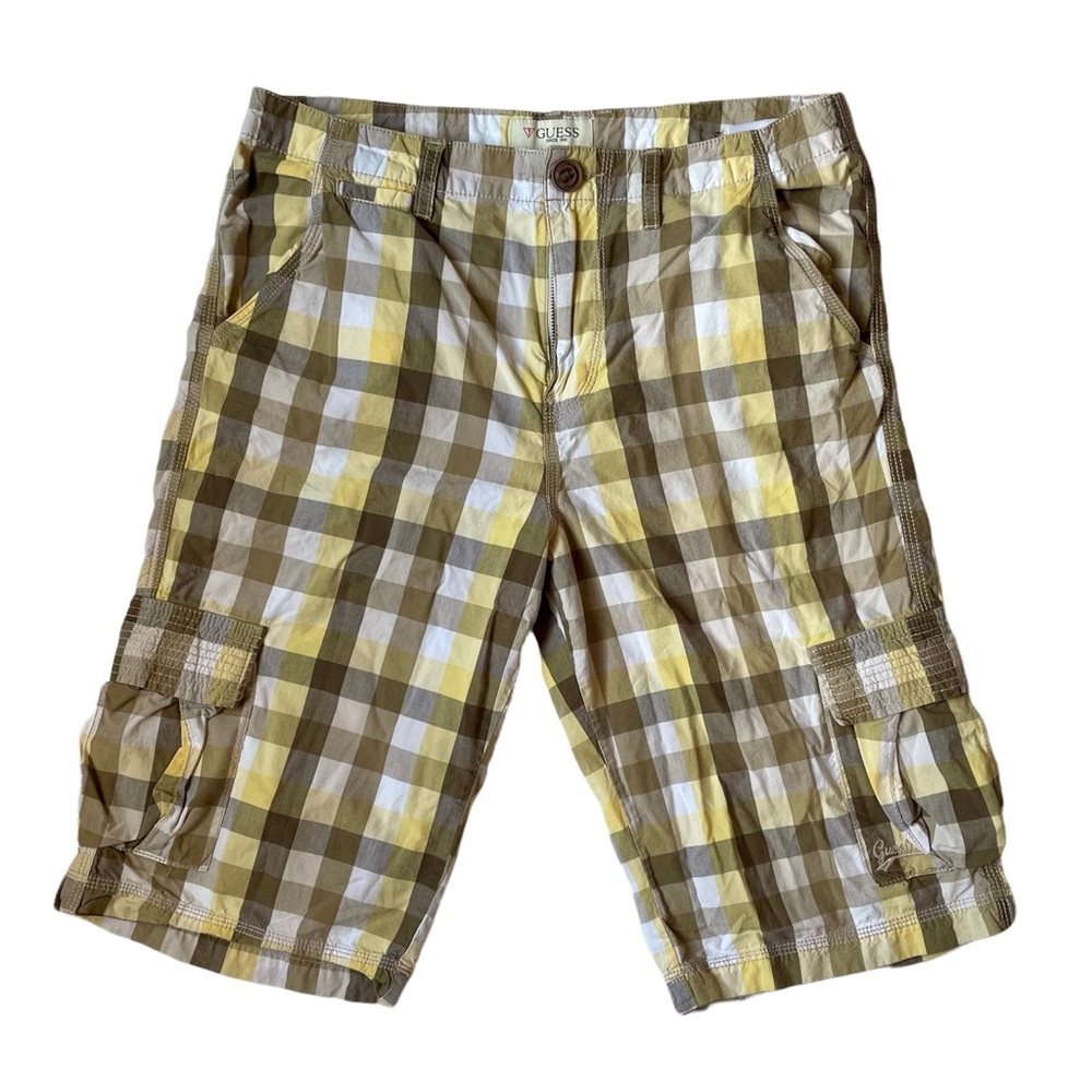 Guess Jeans Men’s Cargo Shorts Plaid Yellow Brown White - Size 33 US